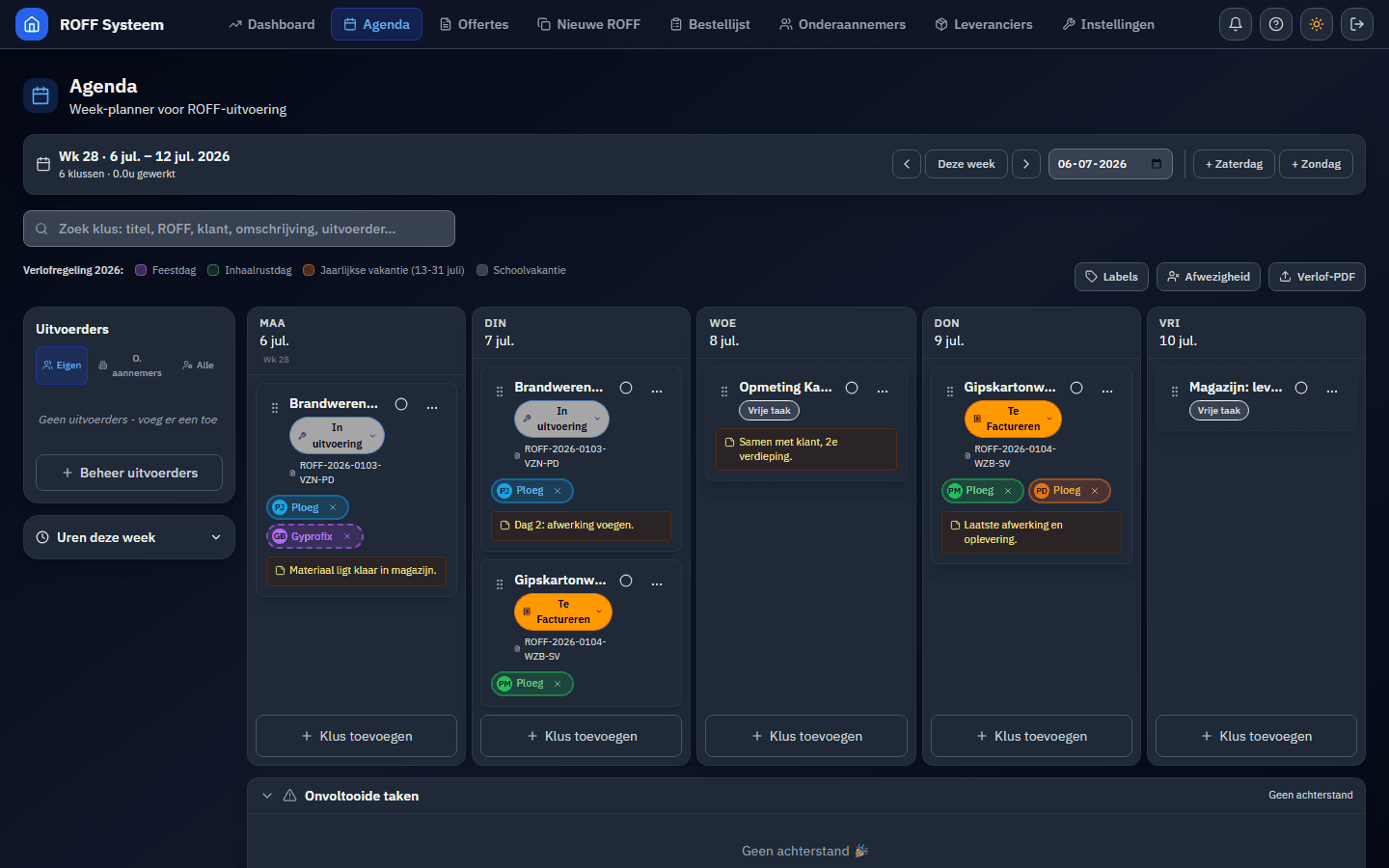 Weekplanning met versleepbare klussen per dag, ploegen en onderaannemers