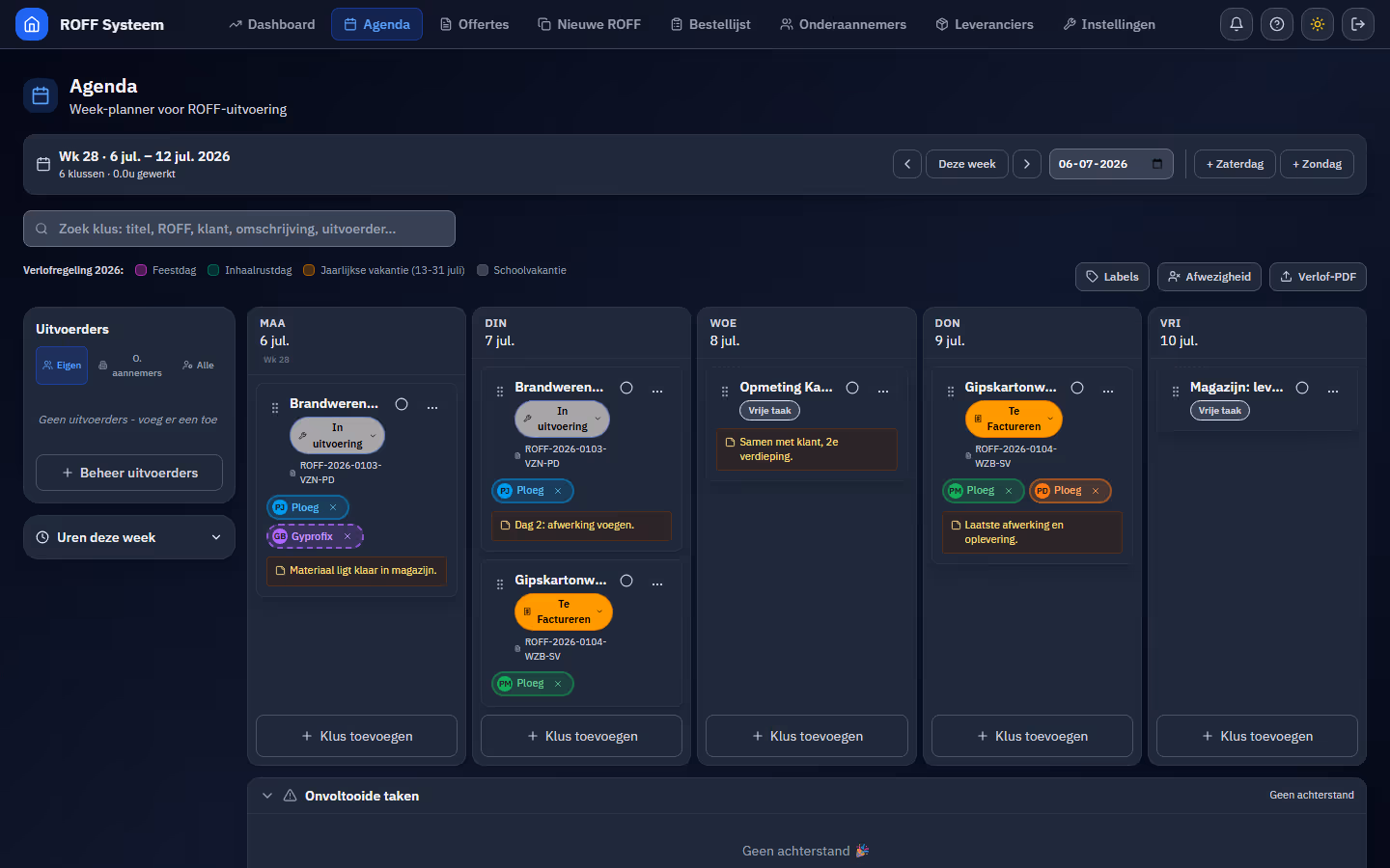 Weekplanning met versleepbare klussen per dag, ploegen en onderaannemers